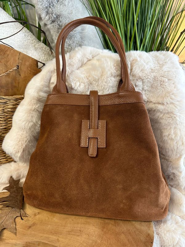 Lederhandtasche ‚H‘, Glattleder/Wildleder, cognac