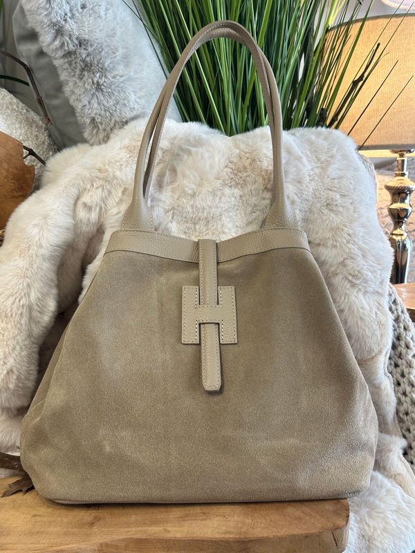 Lederhandtasche ‚H‘, Glattleder/Wildleder, milchkaffee