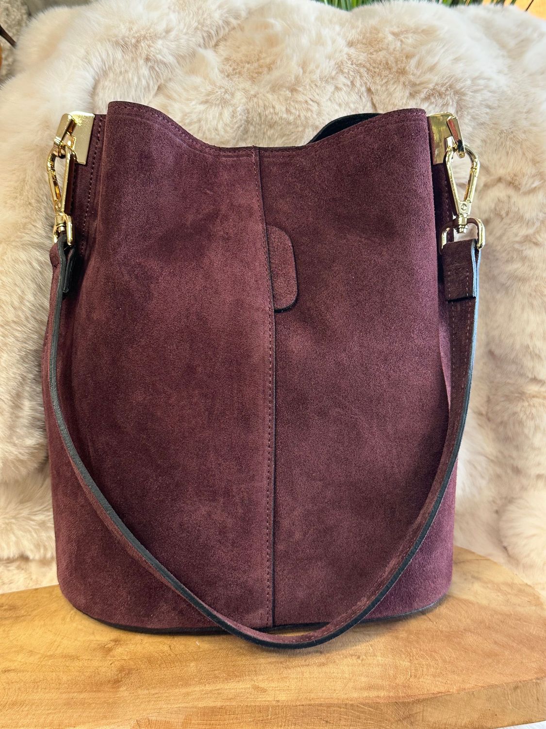 Lederhandtasche, 'Box', Wildleder, burgundy