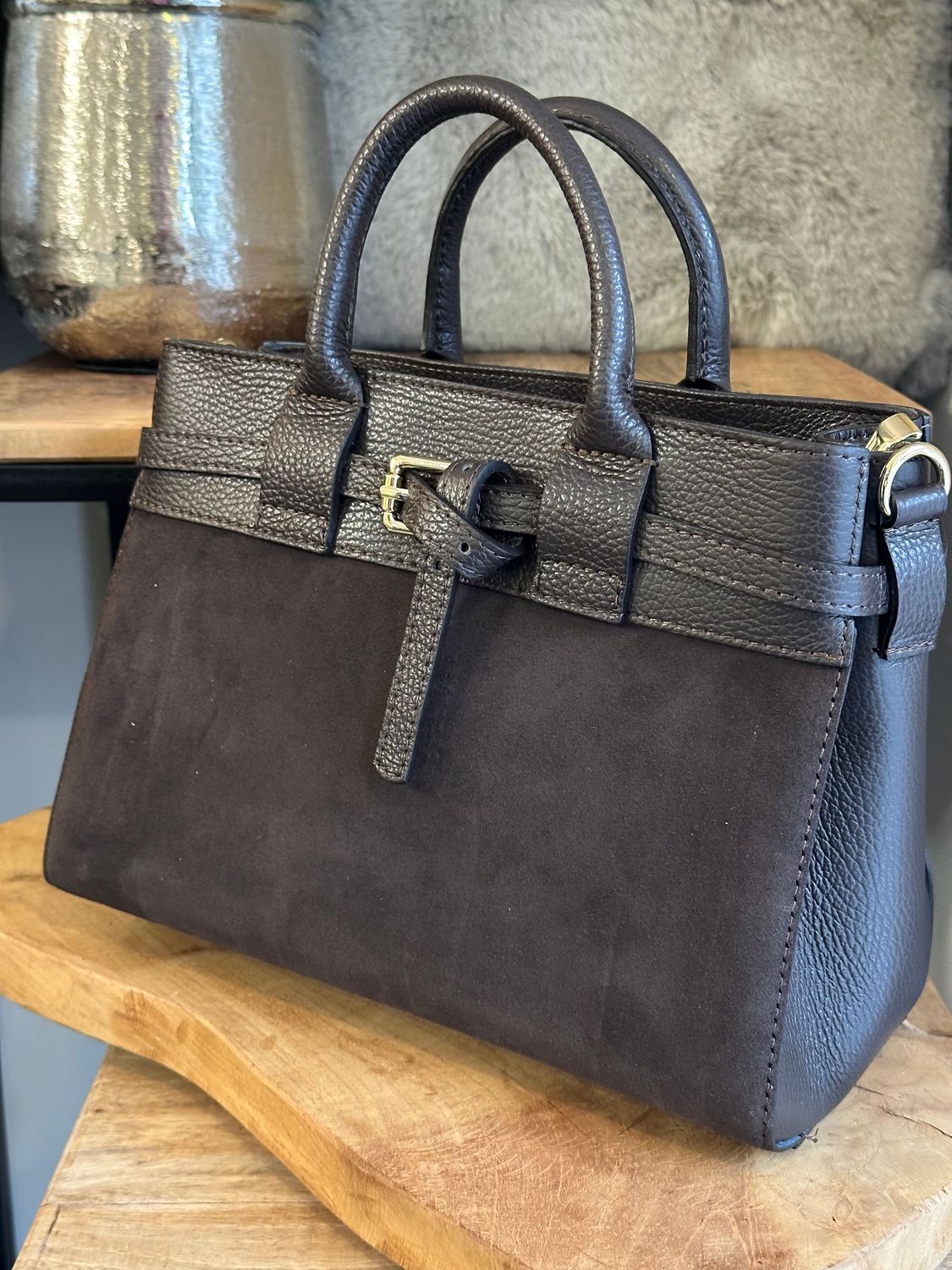 Schleifen-Tasche, Wildleder, dunkelbraun