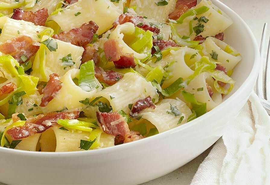 Paccheri in crema di porri e pancetta