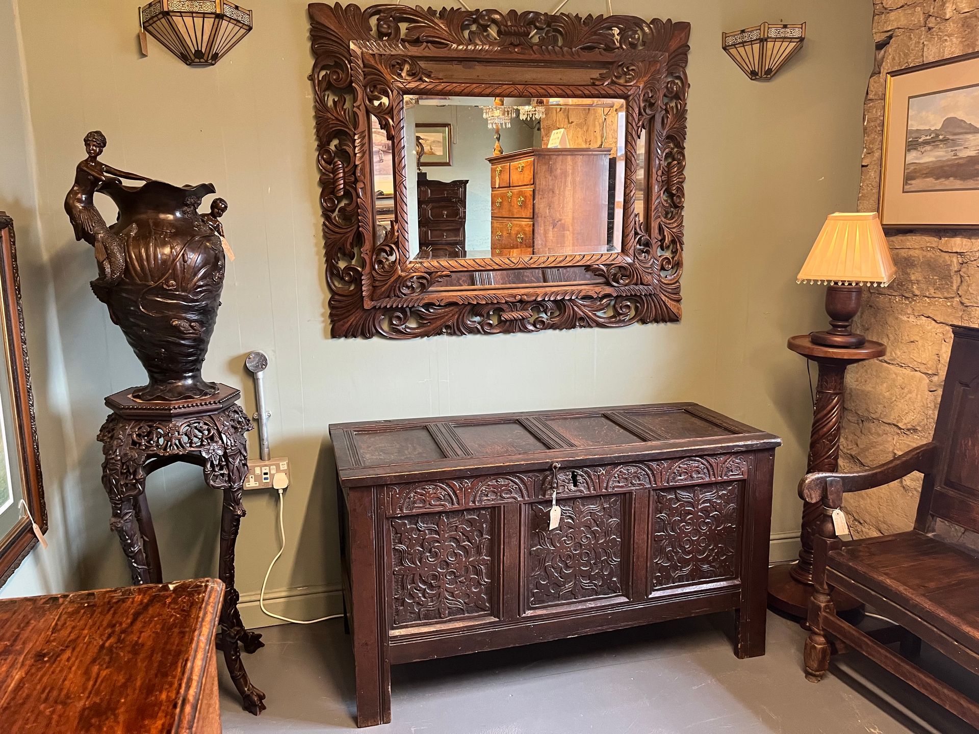 Large late Victorian carved oak wall mirror