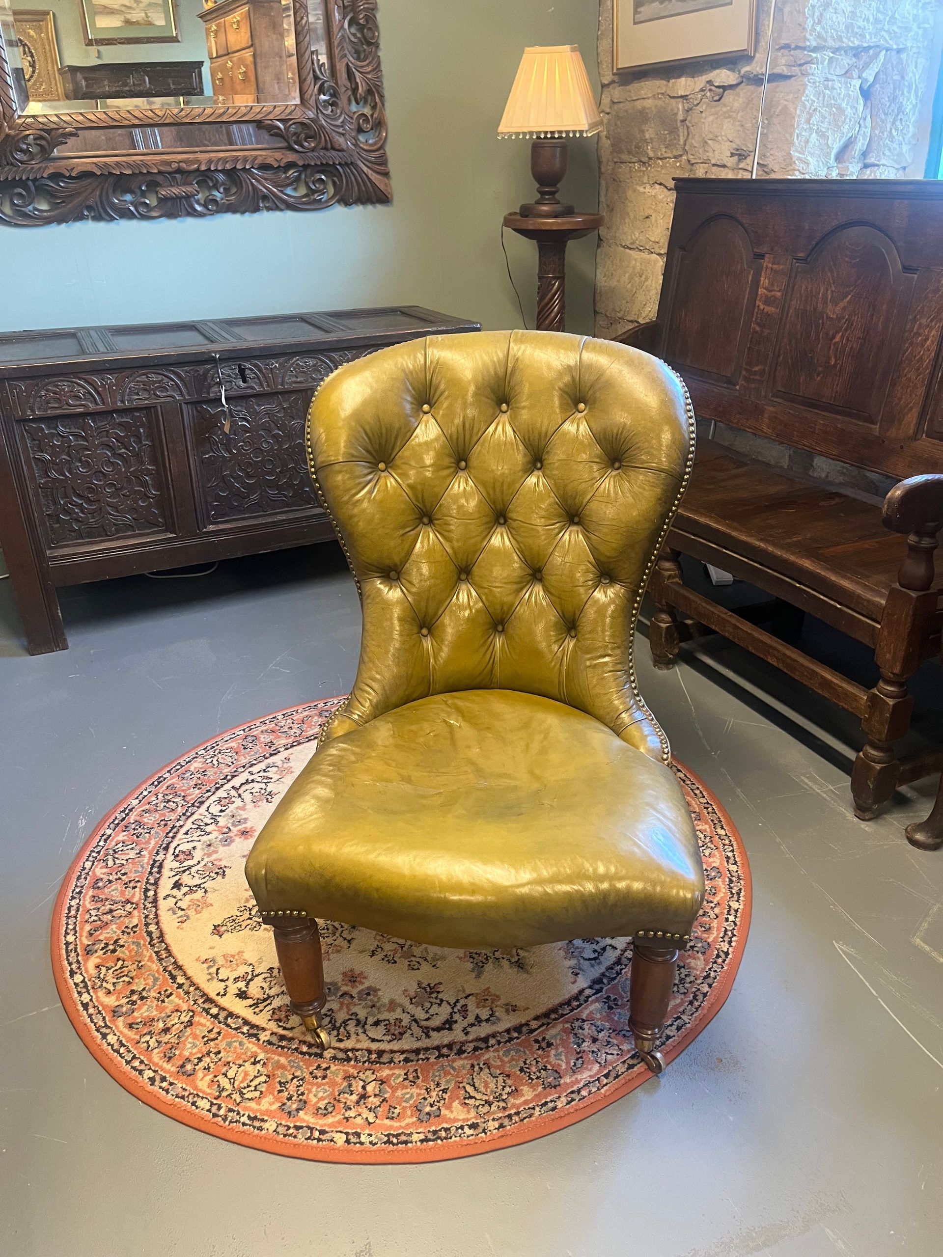 Late Victorian Green Leather Button-Back Slipper Chair