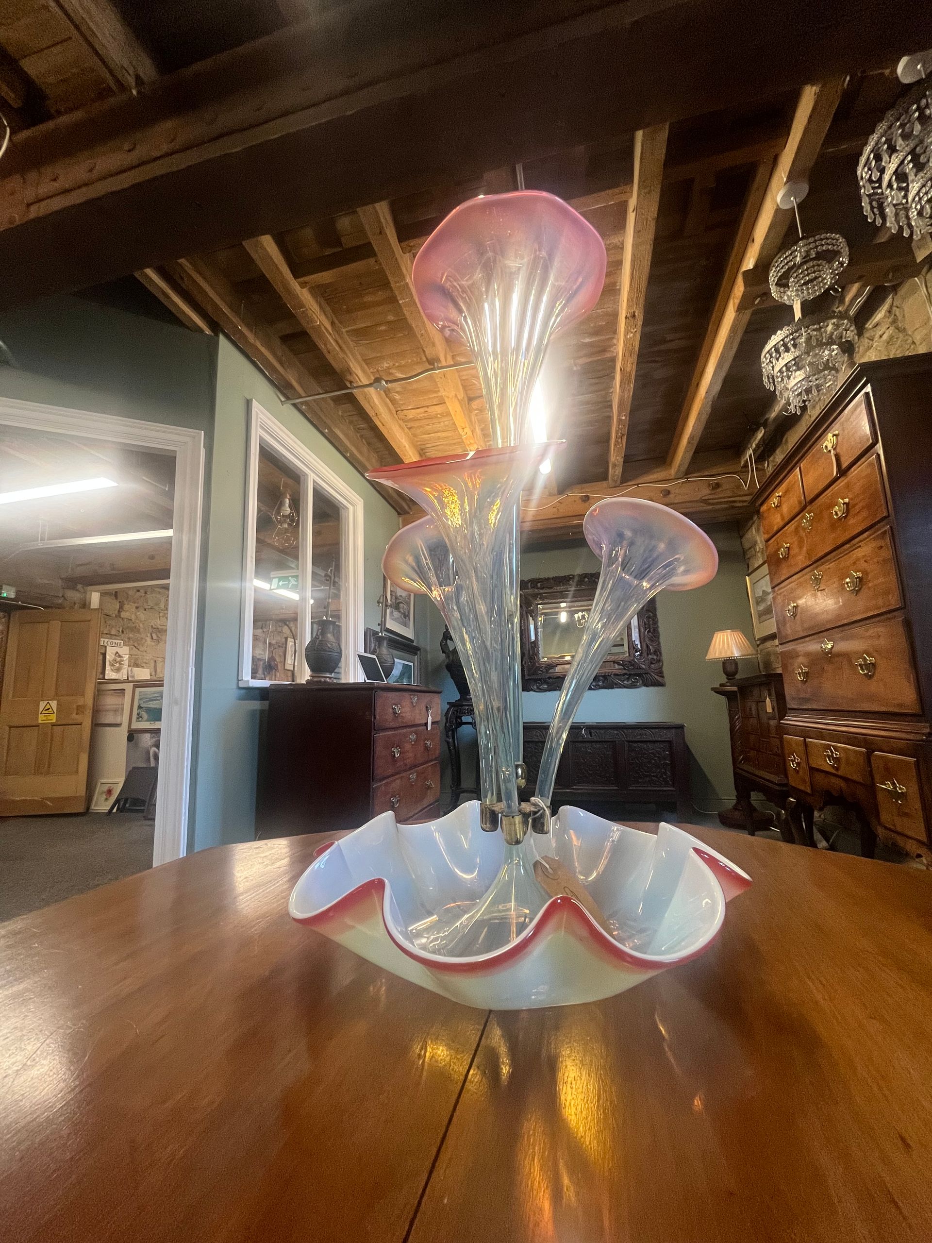 Late Victorian cranberry and opalescent glass epergne