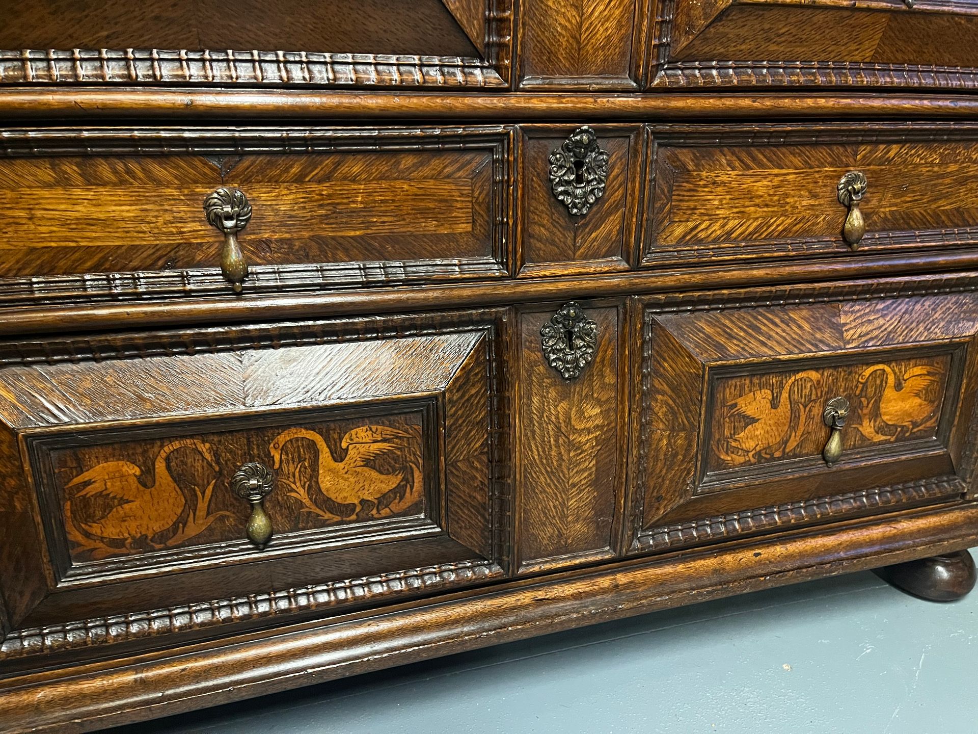 19th-century oak and marquetry geometric chest of drawers