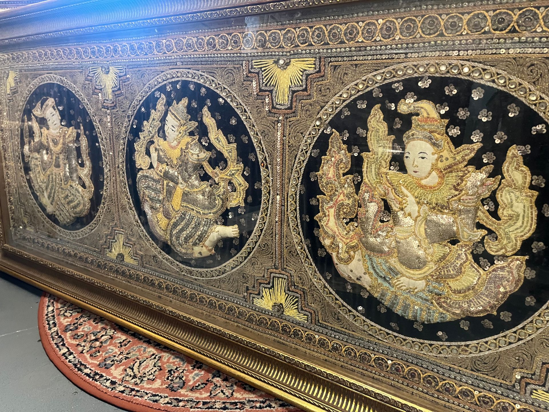 Large framed Burmese Kalaga embroidered textile panel