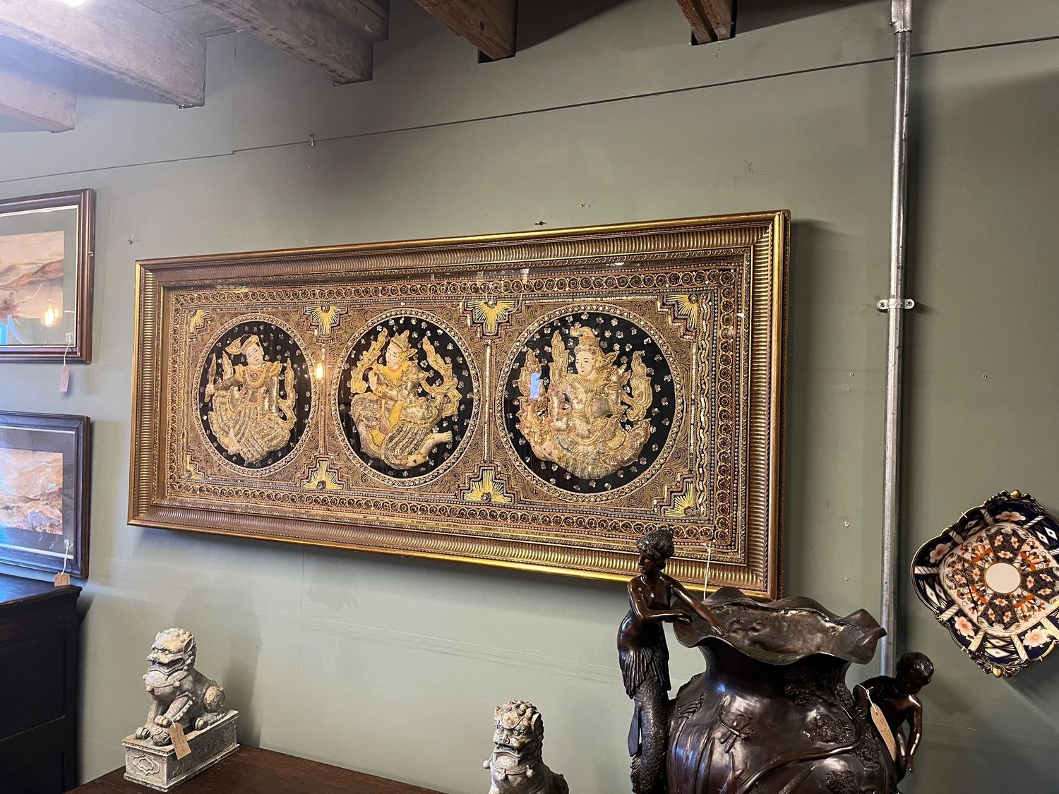 Large framed Burmese Kalaga embroidered textile panel