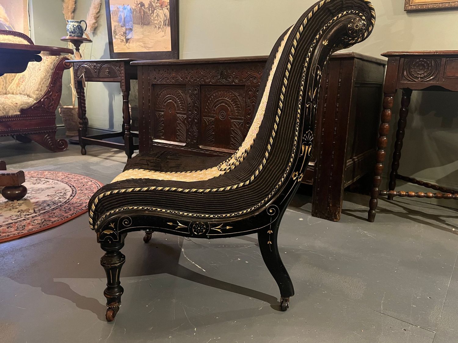 Victorian Ebonised and Gilt Slipper Chair Victorian slipper chair with black and gold upholstery