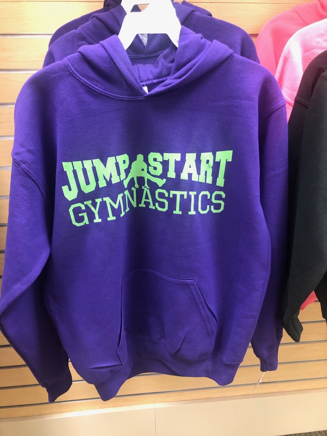 Jump Start Hooded Sweatshirts, Color: Purple Hoodie with Green Logo, Size: Youth S