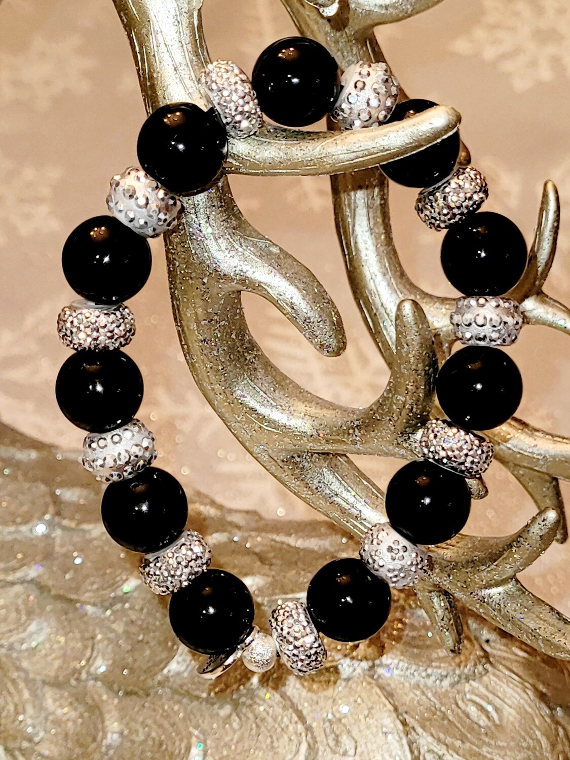 Natural Stone Black Jasper and Rhinestone Gemstone Bracelet with Matching Earrings