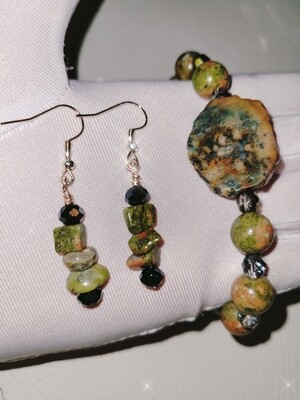 Unakite Stone Bracelet and Matching Unakite Earrings