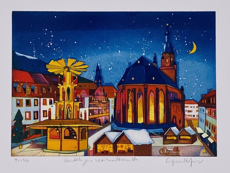 Original Grafik Gerhard Hofmann "Heidelberger Weihnachtsmarkt"