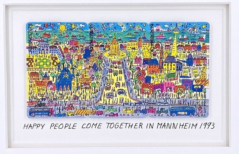 Original James Rizzi Telefonkarte "Happy people come together in Mannheim" gerahmt mit Museumsglas