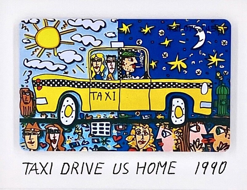Original James Rizzi Telefonkarte "Taxi drive us home" gerahmt mit Museumsglas