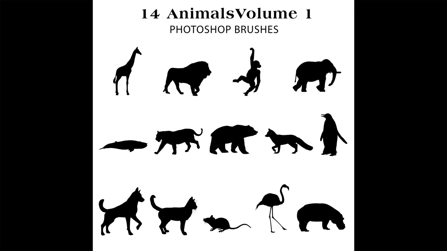 Photoshop Brushes - 14 Animal silhouette Brushes Volume 1 , giraffe, lion, flamingo, bear, elephant, monkey and more.