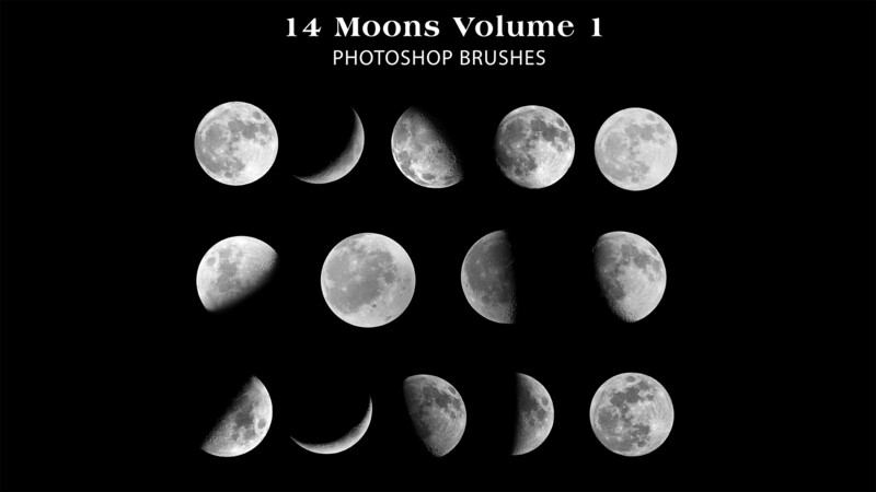 Photoshop Brushes - 14 Moon Brushes Volume 1 , moon, full moon, night sky, space, half moon, crescent moon, quarter moon
