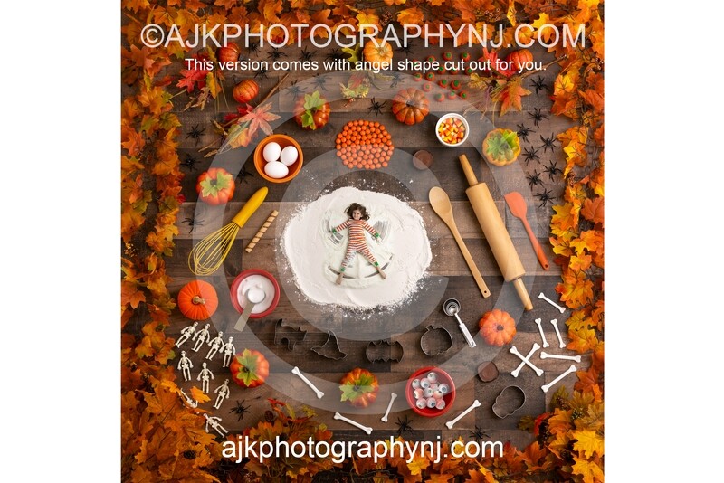 Halloween Flour Angel Digital Backdrop with precut angel shape, candy, autumn, baking, leaves, pumpkins, cookie cutter, digital background