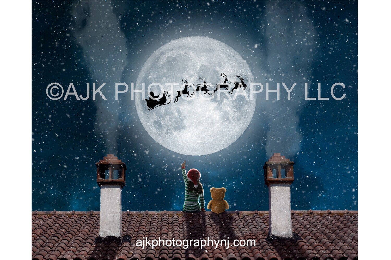 Santa in moon teddy bear on roof Digital Background, Christmas Digital Backdrop by Eric Miele from AJK Photography