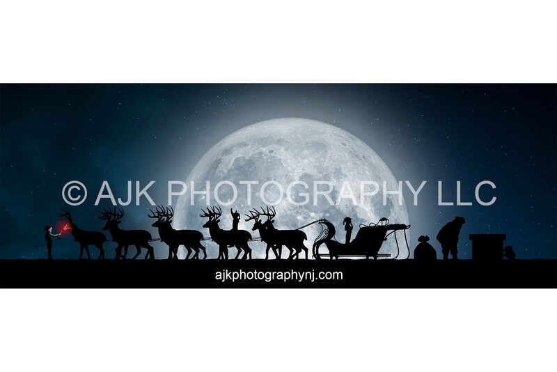 Santa on roof with reindeer, Rudolph eating, snow, moon, chimney, digital background, silhouette Christmas backdrop by Eric Miele from AJK Photography Santa on roof with reindeer, Rudolph eating, snow, moon, chimney, digital background, silhouette Christmas backdrop by Eric Miele from AJK Photography