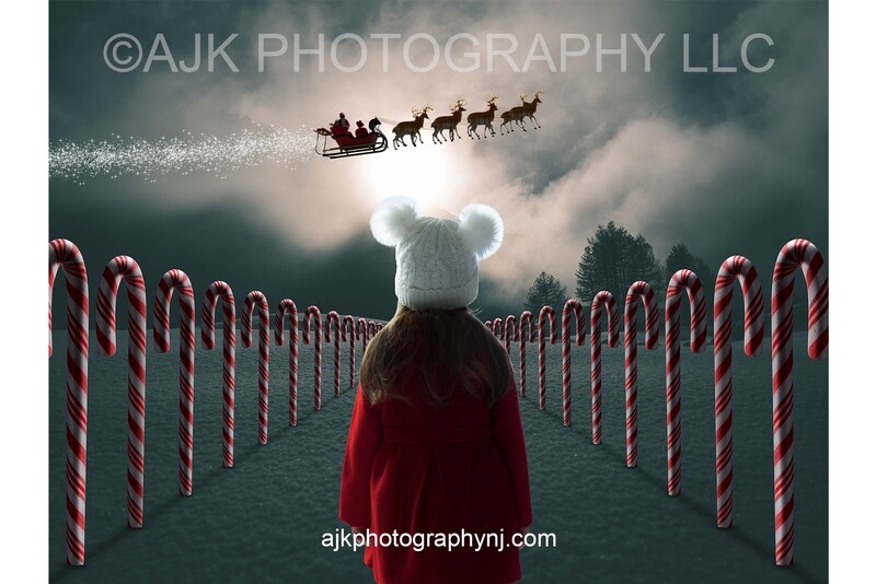 Candy Cane Lane Digital Background, snow, north pole, Santa Claus, reindeer flying, sleigh Christmas Digital Backdrop by Eric Miele from AJK Photography