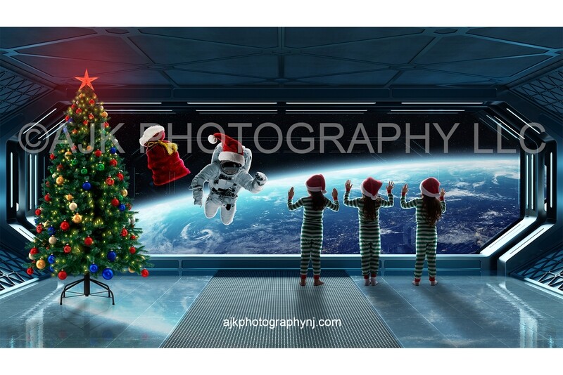 Santa Claus floating in outer space in front of spaceship Christmas digital background
