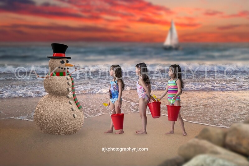 Sand snowman on beach in red sunset Christmas digital backdrop #2