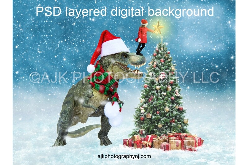 T rex dinosaur in front of Christmas tree digital background