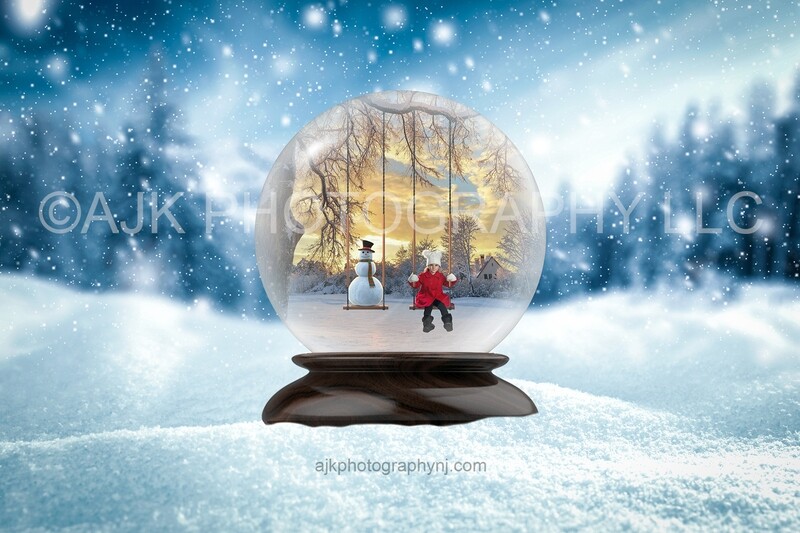 Snowman on a swing inside of a snow globe digital background