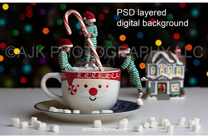 Mug of hot chocolate with candy cane stir stick Christmas digital background