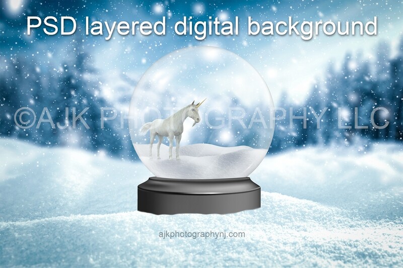 Unicorn standing in a field of snow while it's snowing digital background