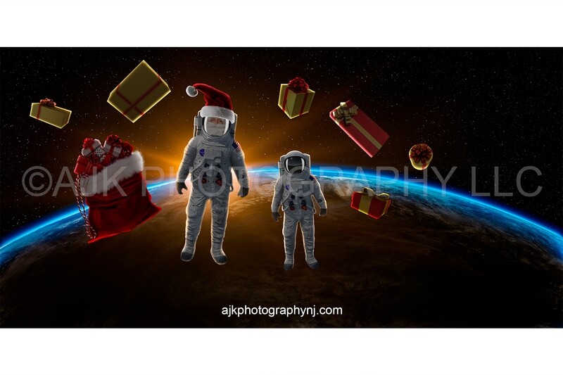 Santa Claus astronaut floating in outer space Christmas digital background