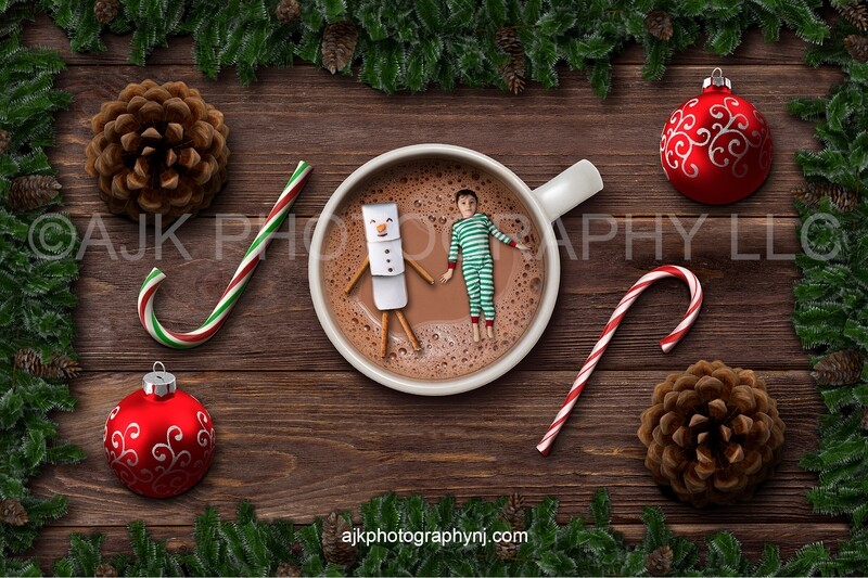Marshmallow snowman floating in mug of hot chocolate Christmas digital backdrop version 2