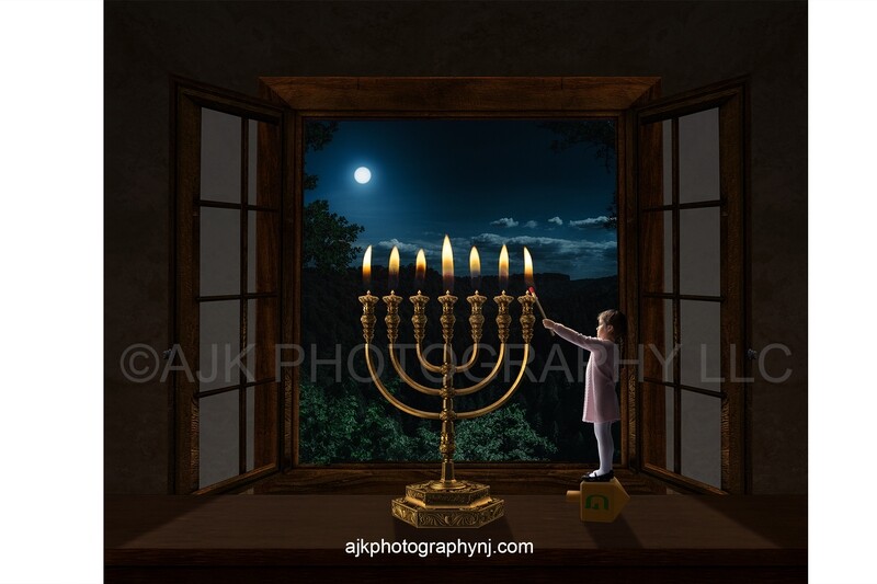 Miniature person standing on dreidel lighting a 7 candle menorah Hanukkah digital background