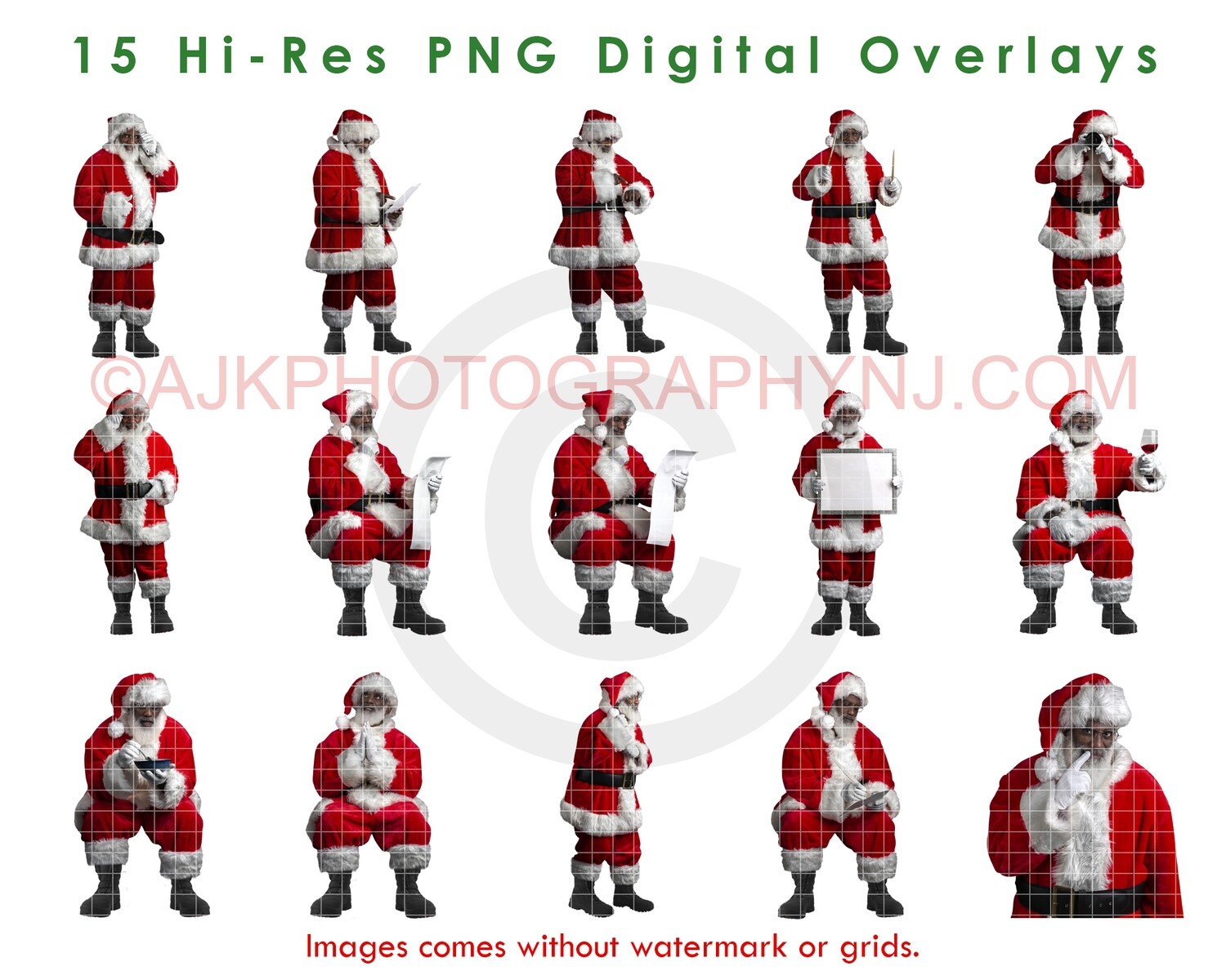 15 Santa Overlays, Hi Resolution PNG Digital Overlay Black Santas, Big Bundle, Santa Claus, Holiday, Christmas by Eric Miele from AJK Photography