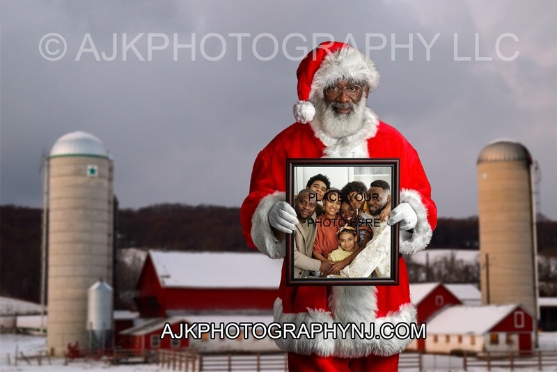 Black Santa Holding a Frame on Farm in snow Digital Background, Christmas Digital Backdrop by Eric Miele from AJK Photography