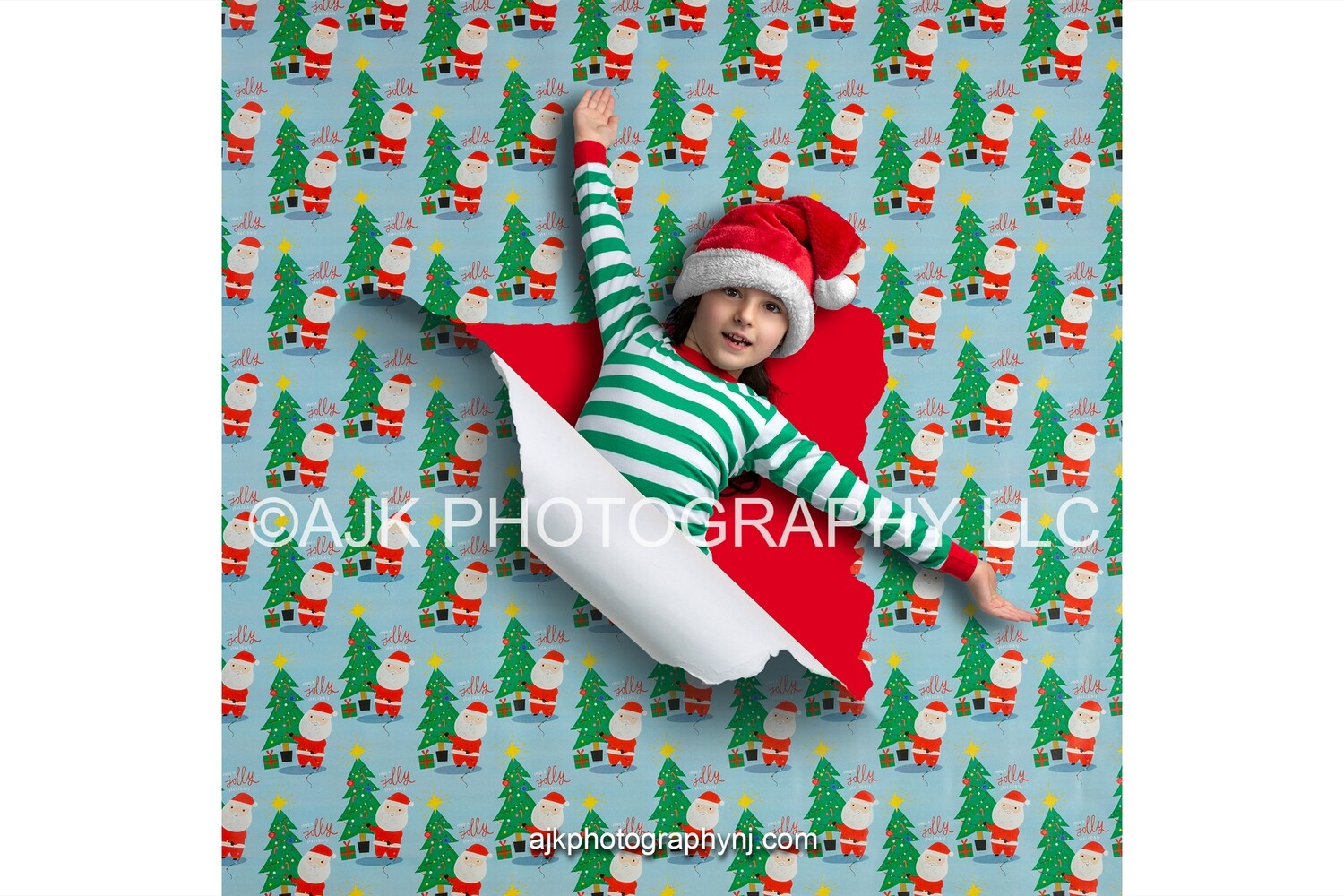Christmas digital PNG overlay, Santa and Christmas tree torn wrapping paper digital backdrop