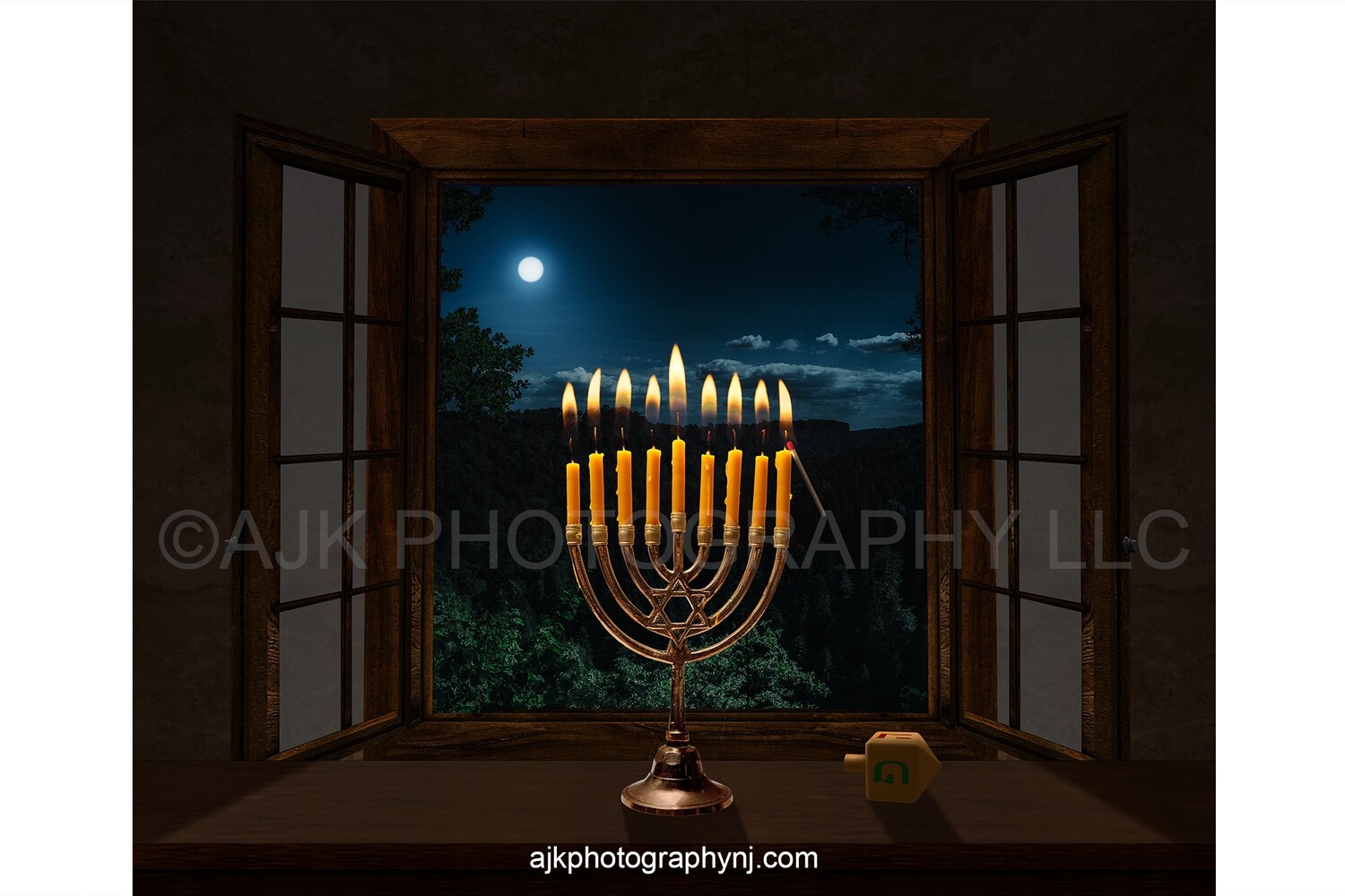 Miniature person standing on dreidel lighting a 9 candle menorah Hanukkah digital background