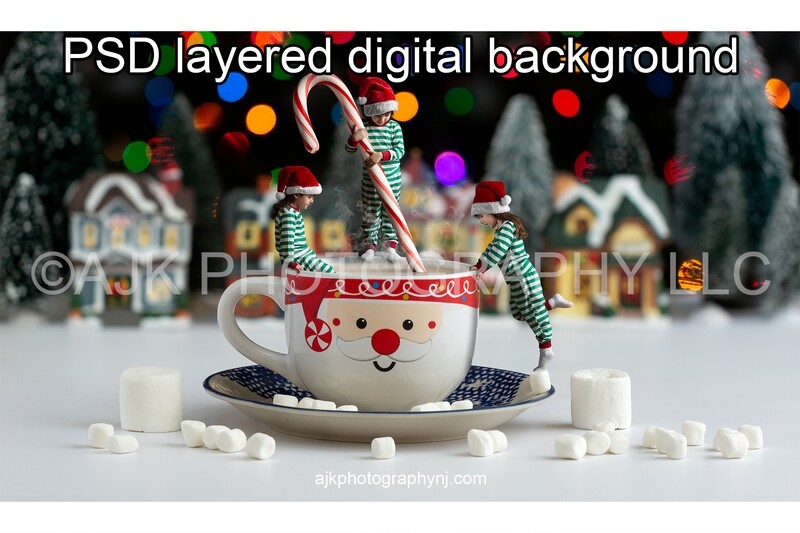 Mug of hot chocolate with candy cane stir stick Christmas digital background version 2