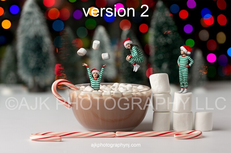 Christmas digital backdrop, hot chocolate in bowl with candy canes and marshmallows, Christmas lights and trees in back, digital background version 2