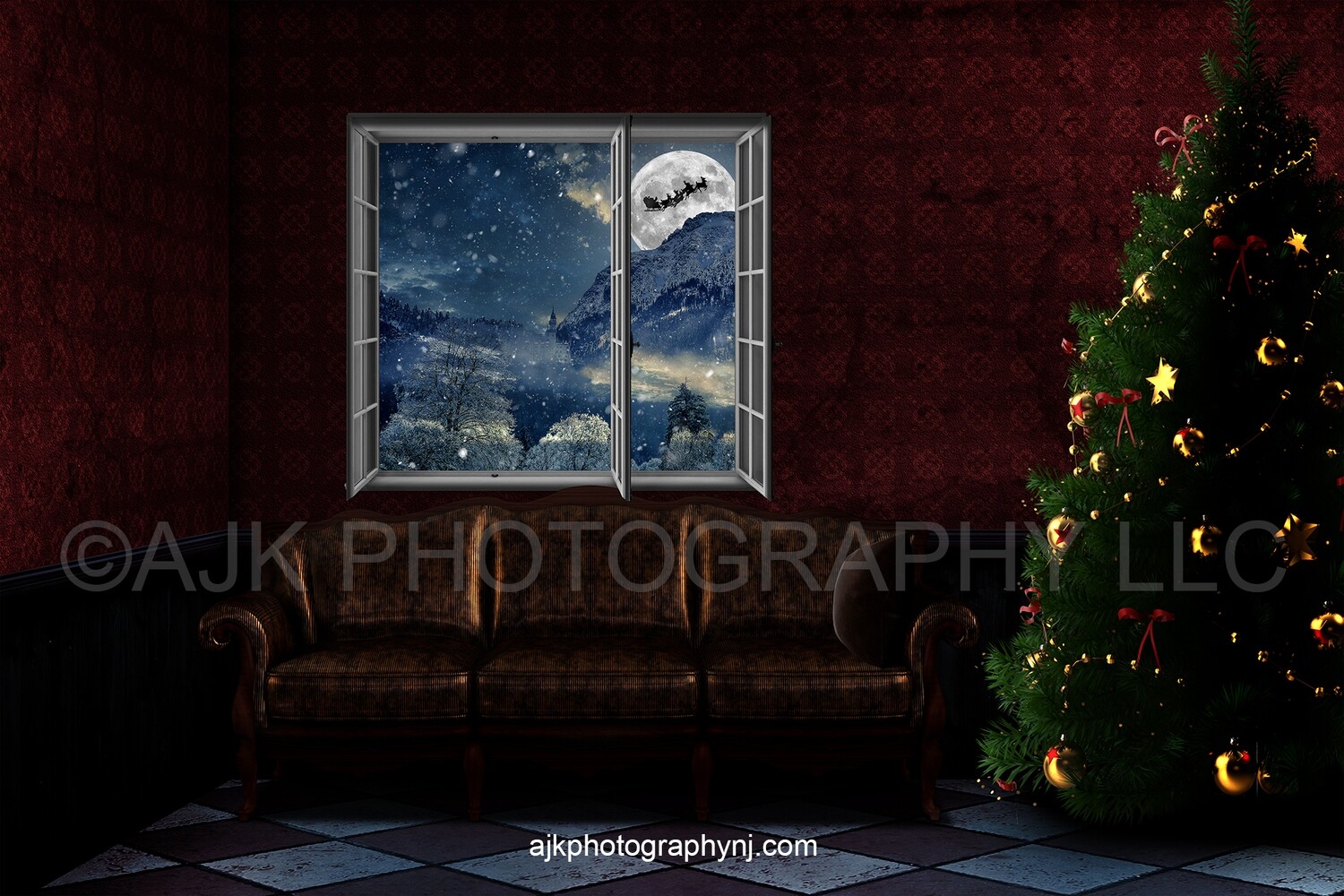 Santa Claus flying in sleigh across large moon in front of a barn loft decorated for Christmas digital backdrop