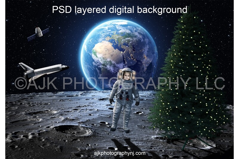 Christmas digital background, one astronaut celebrating Christmas on the moon, Christmas tree, Earth, space shuttle, digital backdrop Christmas digital background, one astronaut celebrating Christmas on the moon, Christmas tree, Earth, space shuttle, digital backdrop