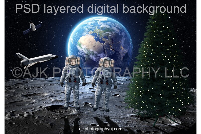 Christmas digital background, two astronauts celebrating Christmas on the moon, Christmas tree, Earth, space shuttle, digital backdrop