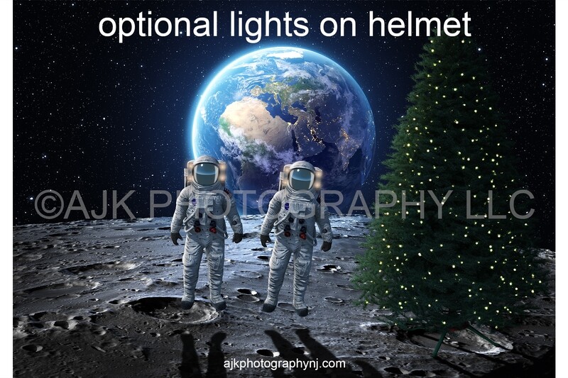 Christmas digital background, two astronauts celebrating Christmas on the moon, Christmas tree, digital backdrop