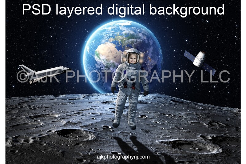 Astronaut digital background, one astronaut in outer space on the moon, with the Earth, space shuttle and satellite behind, digital backdrop