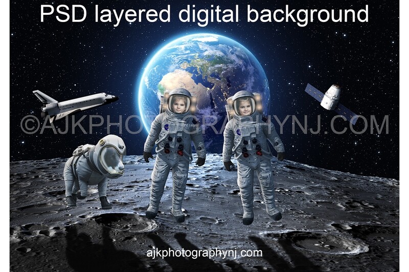 Astronaut digital background, two astronauts and a dog in outer space on the moon, with the Earth, space shuttle and satellite behind them