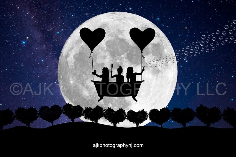 Valentines Day digital background, heart shaped balloons, flying bathtub, heart shaped trees, large moon, silhouette digital backdrop Valentines Day digital background, heart shaped balloons, flying bathtub, heart shaped trees, large moon, silhouette digital backdrop