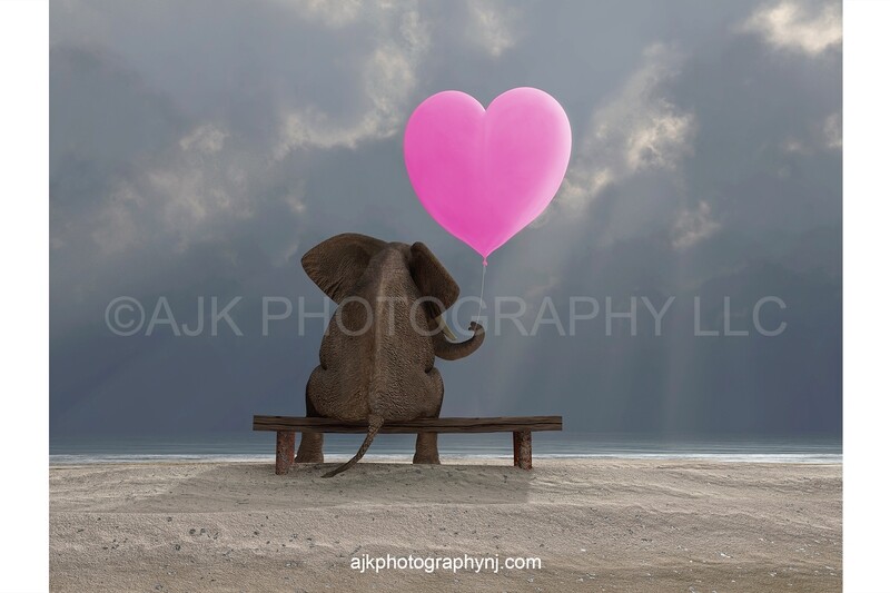 Valentines Day digital background, an elephant sitting on a bench holding a pink heart shaped balloon, beach and ocean, digital backdrop Valentines Day digital background, an elephant sitting on a bench holding a pink heart shaped balloon, beach and ocean, digital backdrop