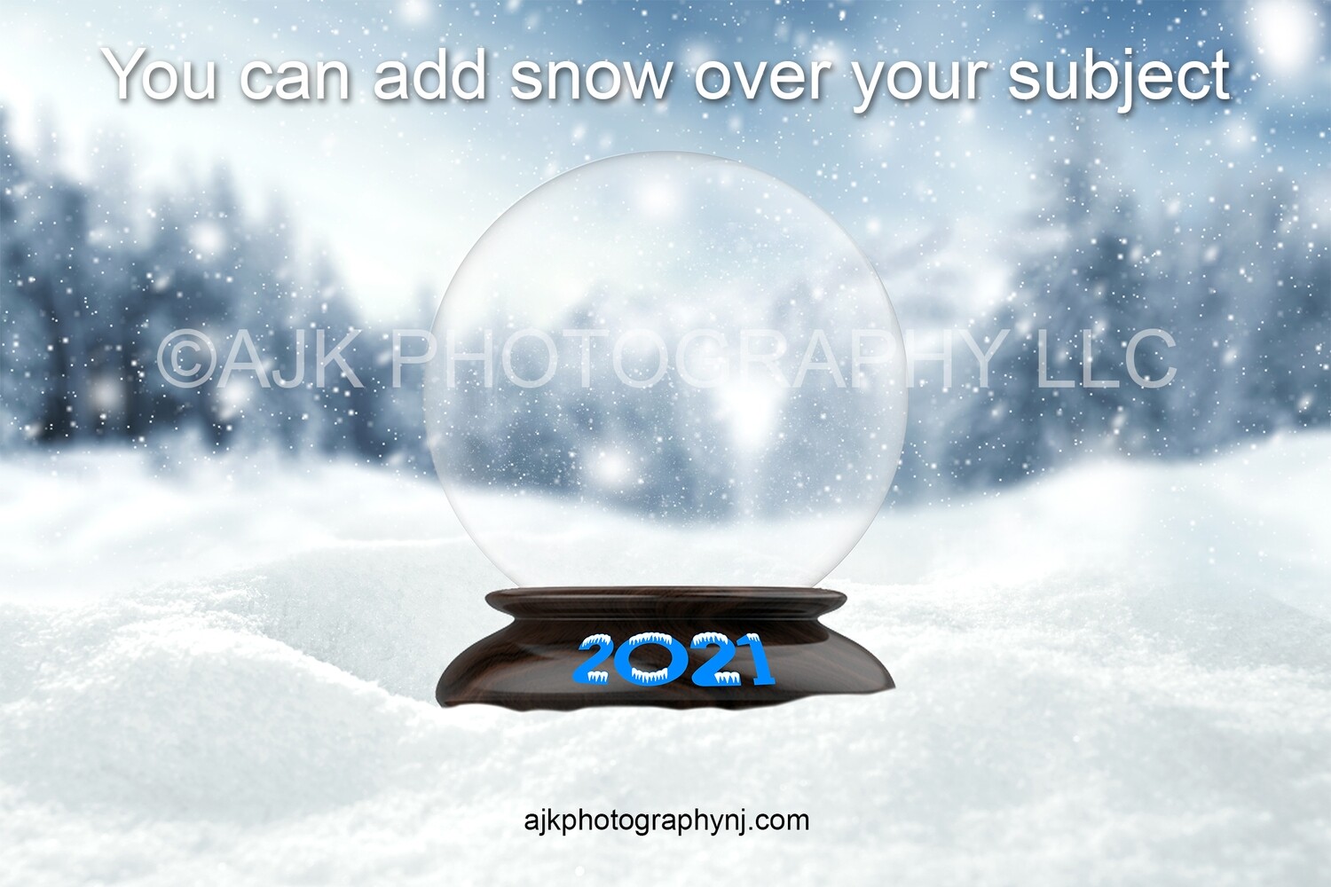 2021 New Years digital backdrop, Empty snow globe in field of snow, 2021 snow globe, snow letters, digital background