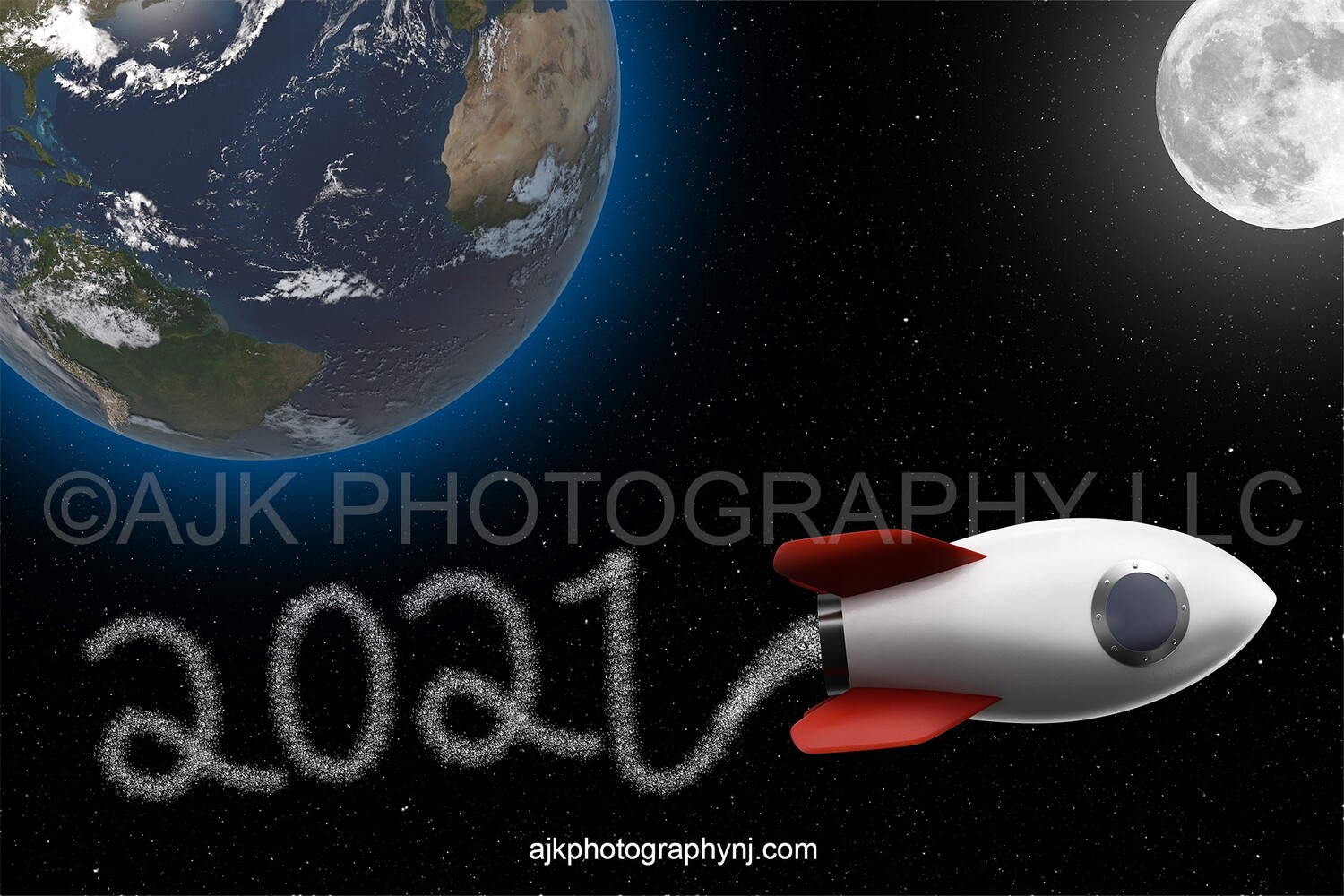 Graduation digital backdrop, 2021 digital background, rocket ship with 2021 stars coming out of it writing 2021 in outer space