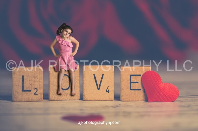 Valentines Day digital background, scrabble letters spelling the word love, little paper hearts, digital backdrop